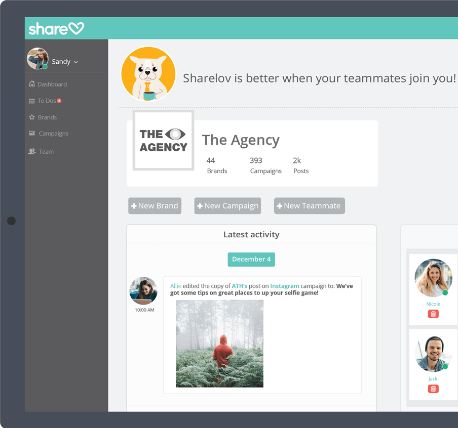 Sharelov's marketing collaboration dashboard